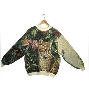 SUGAR STREET WEAVERS Big Cat Crewneck Woven Tapestry Sweatshirt One Size